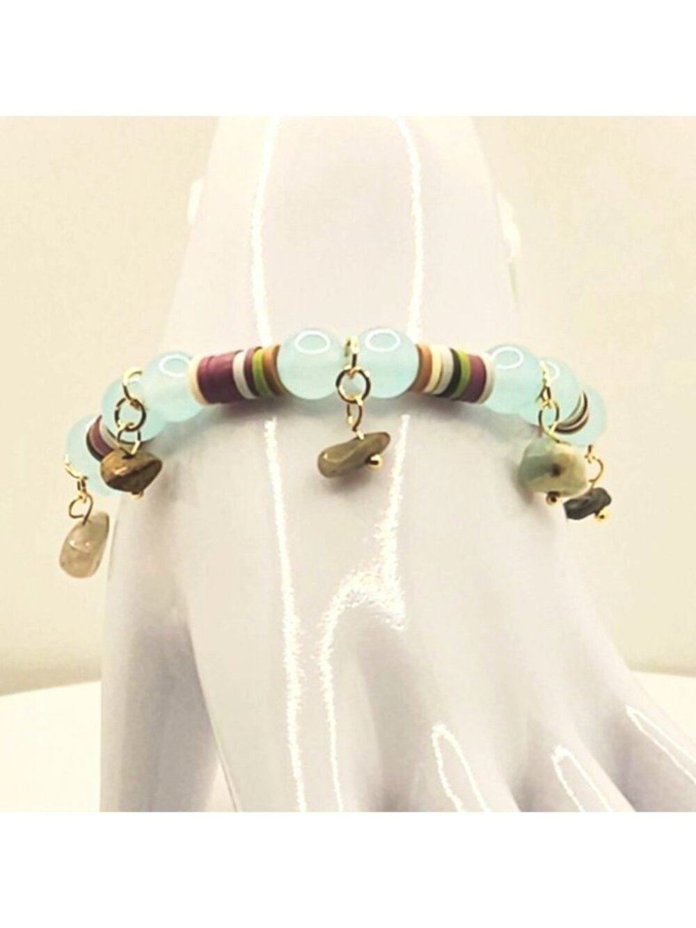 Boho Gemstone Charm Bracelet, Earthy Beaded Bracelet, Aqua Blue Bracelet